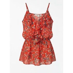 Forever 21 Vintage Red Floral Ruffle Camisole Top Sheer Peplum Blouse Size S/P